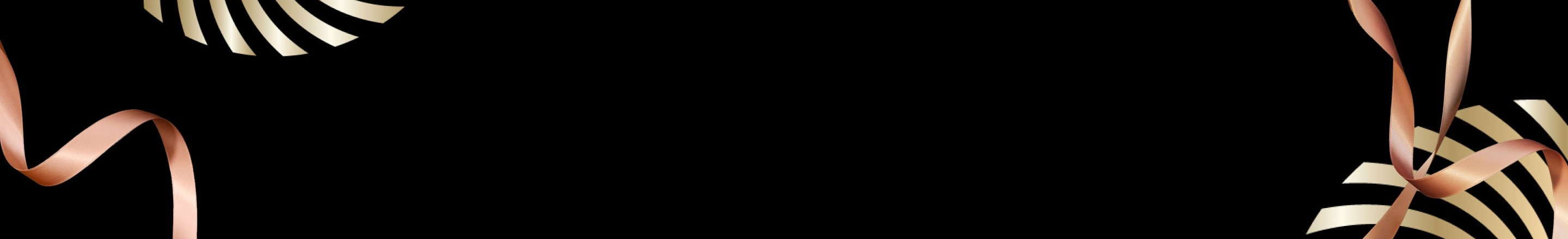 Black background with gold swirl balls and ribbons