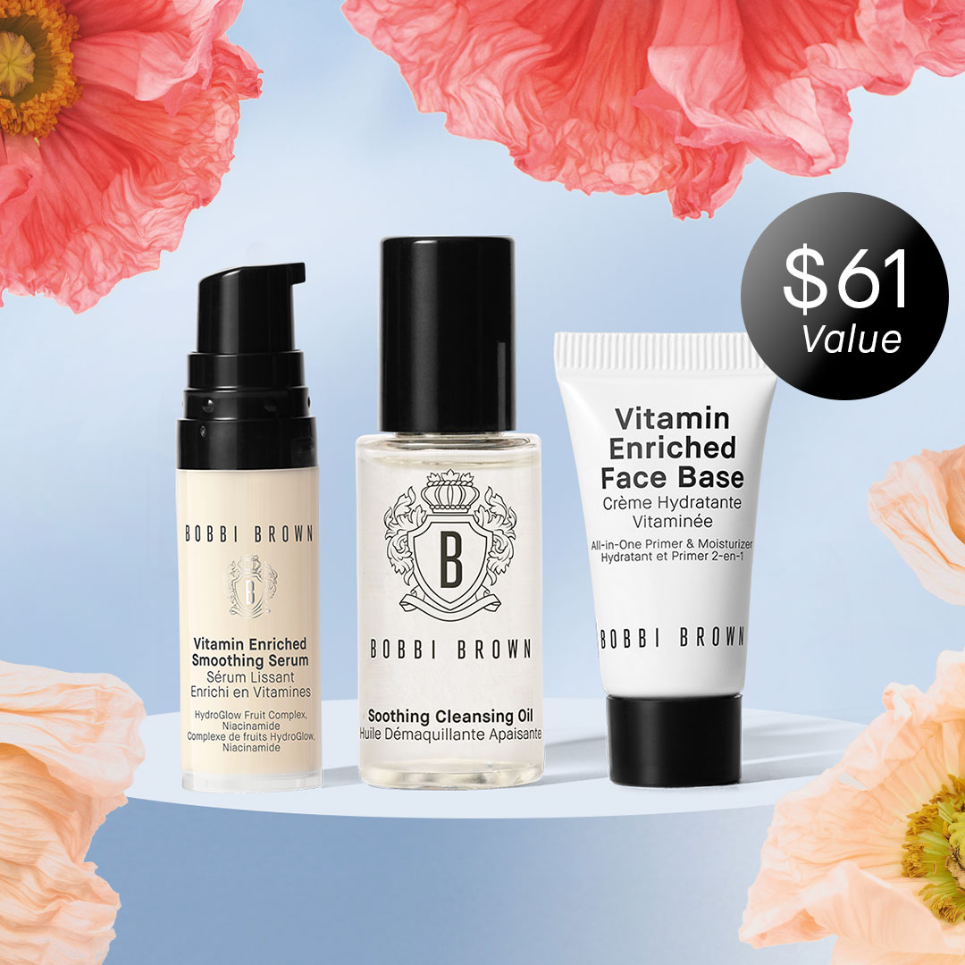 Your free 3-piece skincare trio on light blue background with some florals around it