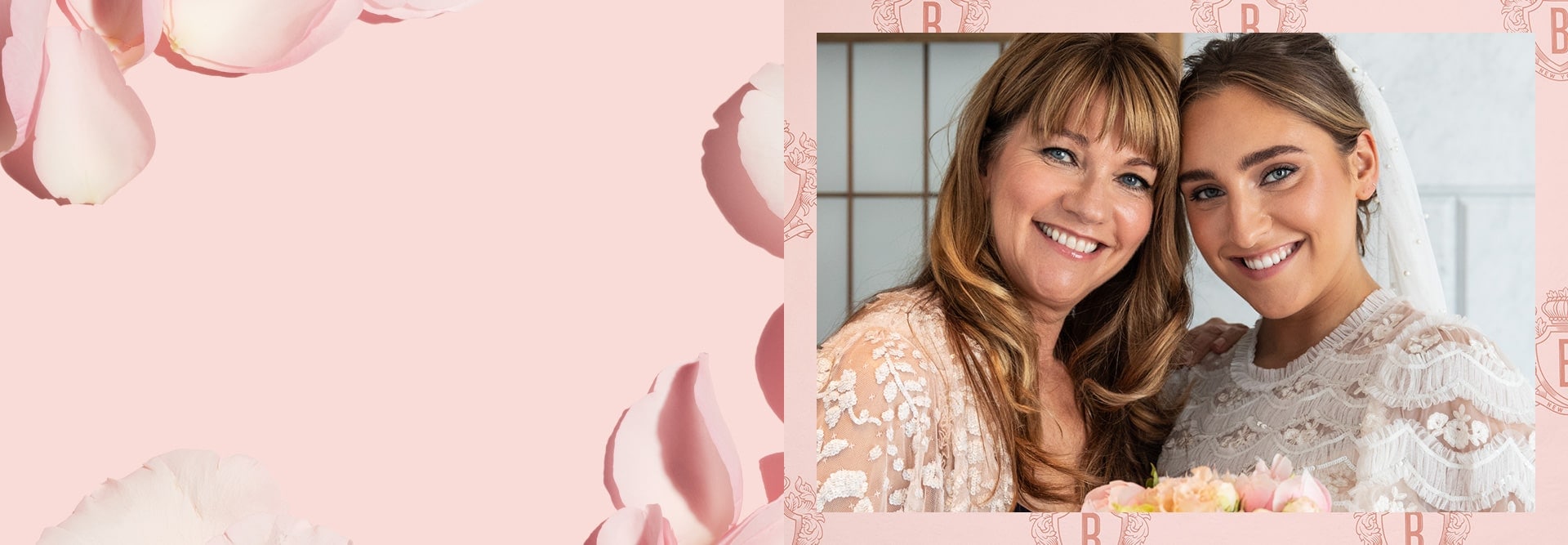 Hero banner visual showcasing Mother of the Bride, surrounded by rose petals
