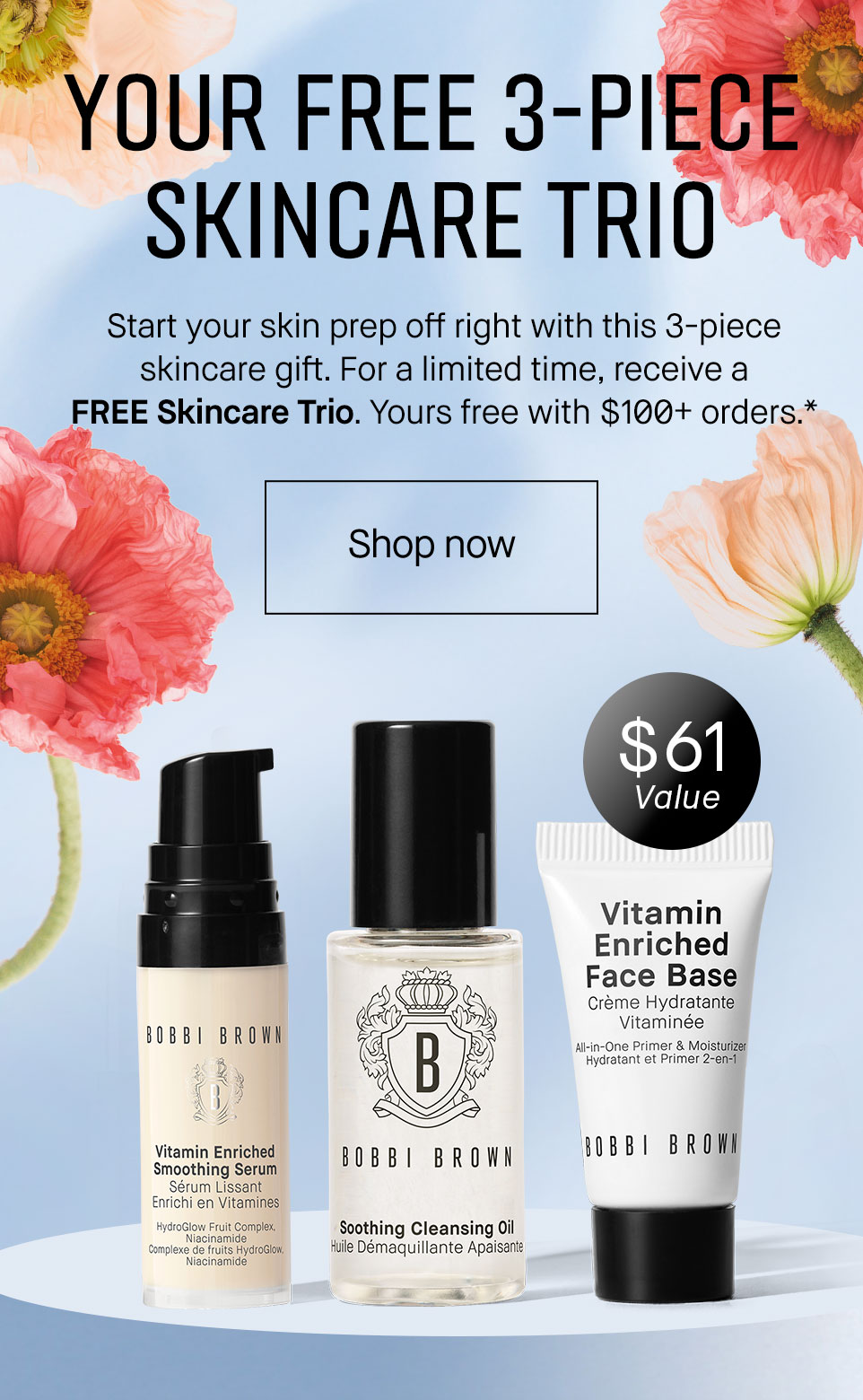 Your free 3-piece skincare trio on light blue background with some florals around it