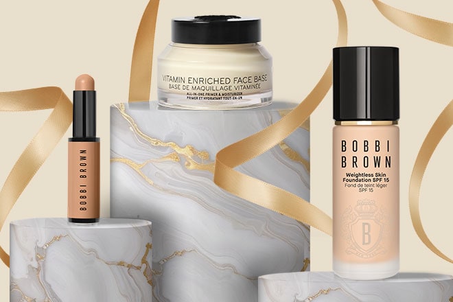 Bobbi Brown bestseller favourites on a marble podium with gold ribbons around it