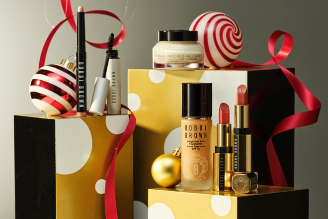 Bobbi Brown bestseller favourites on a podium with red ribbons