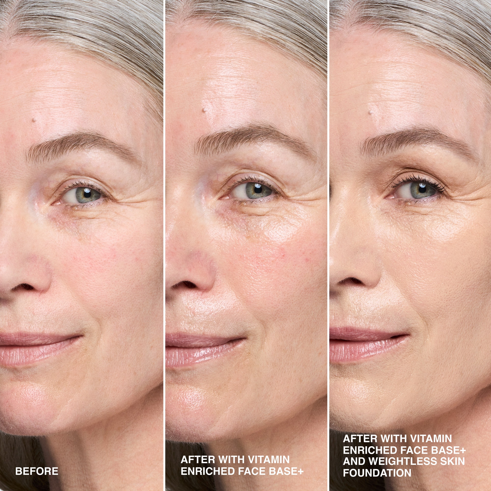 before and after of model with bare face vs bare face with bobbi brown vitamin enriched face base
