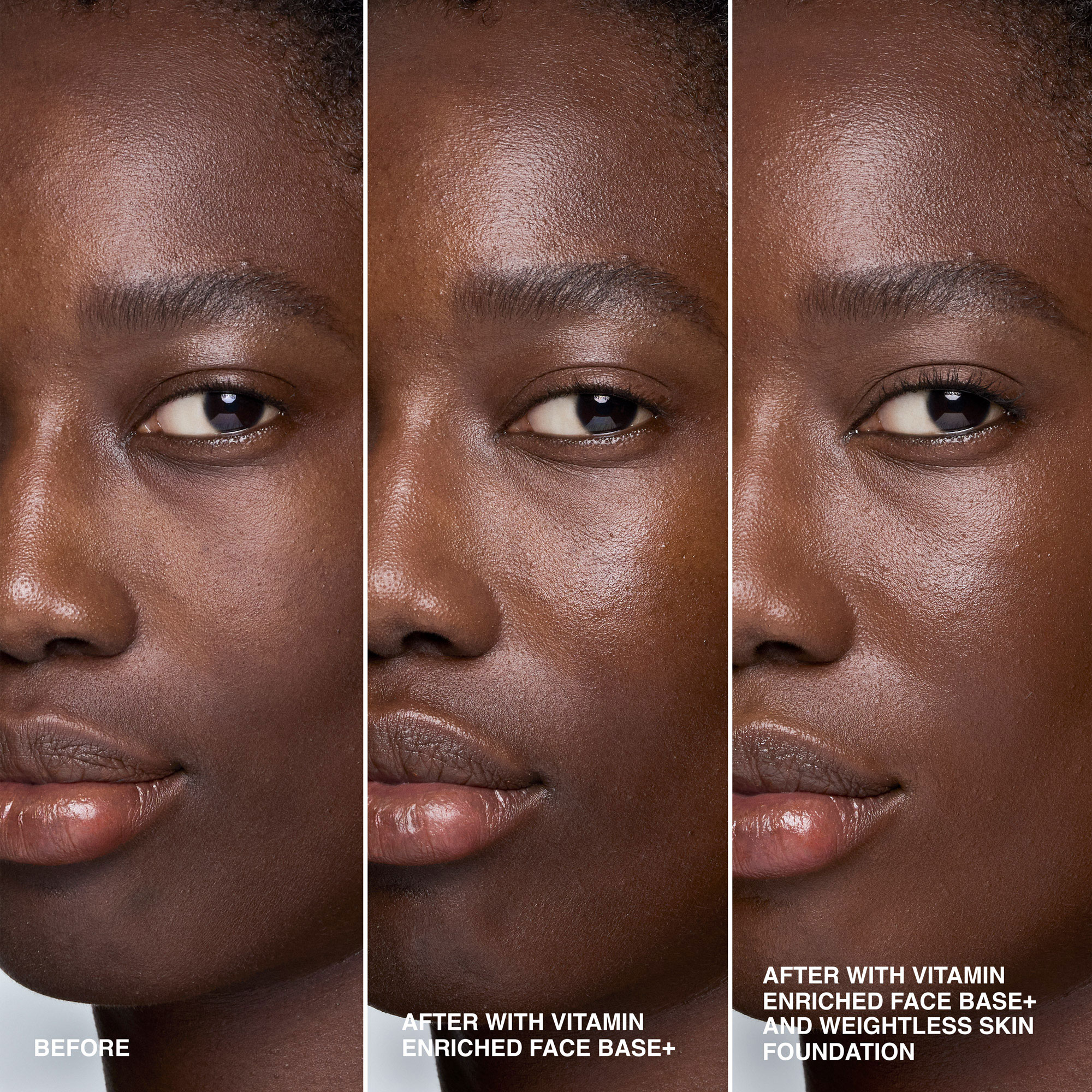 before and after of model with bare face vs bare face with bobbi brown vitamin enriched face base