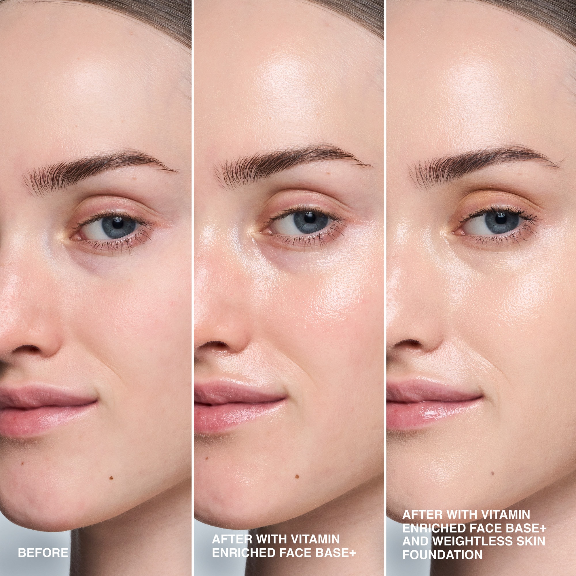 before and after of model with bare face vs bare face with bobbi brown vitamin enriched face base