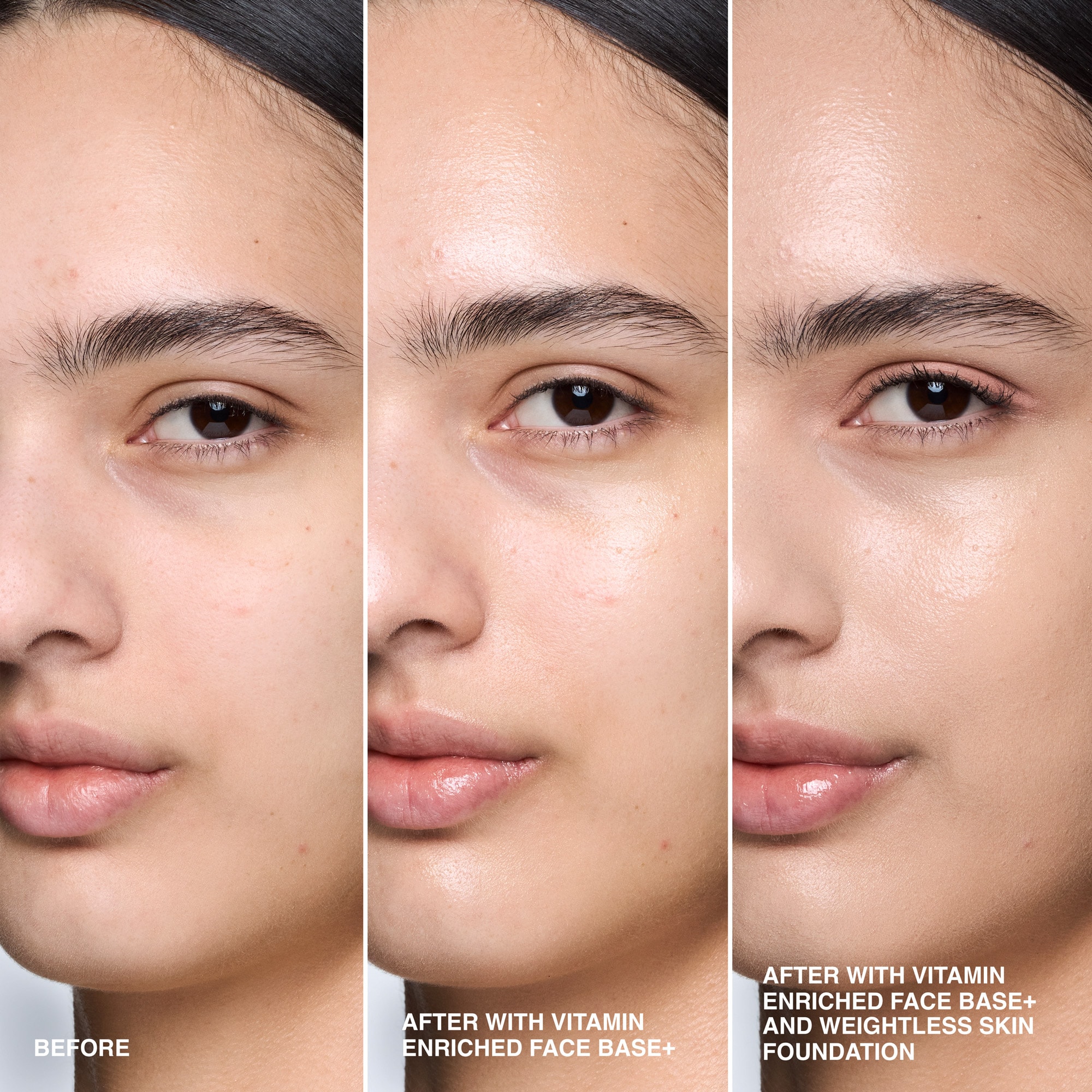 before and after of model with bare face vs bare face with bobbi brown vitamin enriched face base